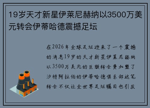 19岁天才新星伊莱尼赫纳以3500万美元转会伊蒂哈德震撼足坛