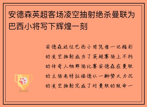 安德森英超客场凌空抽射绝杀曼联为巴西小将写下辉煌一刻 安德森英超客场凌空抽射绝杀曼联为巴西小将写下辉煌一刻
